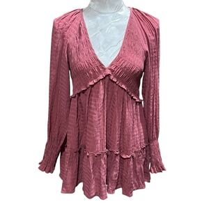 Y2K Sz M Babydoll Tunic Layered Ruffles Stretch Smocked Cottagecore Long Sleeve